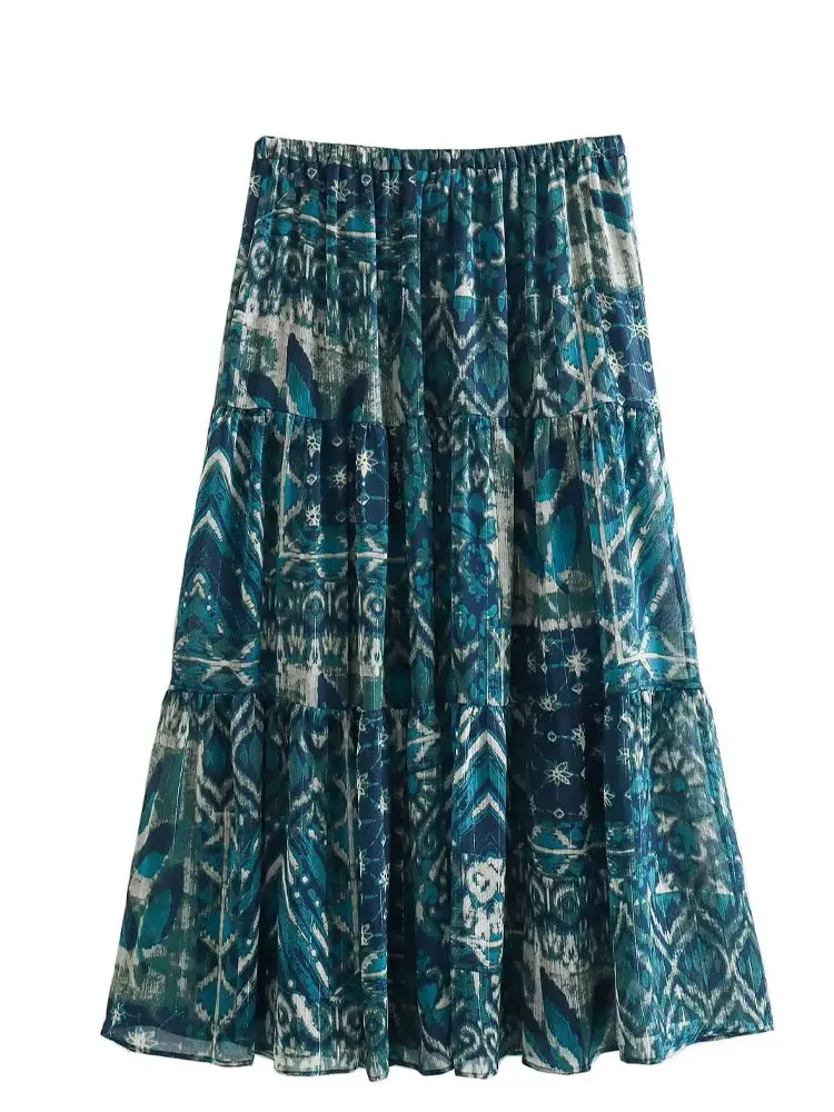 TRAFZA Female Vintage Fashion Printed Boho Metallic Thread Midi Skirt Women Casual Elastic Waist Pleated Skirts Streetwear