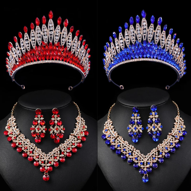 Quality Red Rhinestone Crystal Necklace Earring Crown Bridal Jewelry Sets for Women Bride Wedding Party Tiaras and Crowns Sets