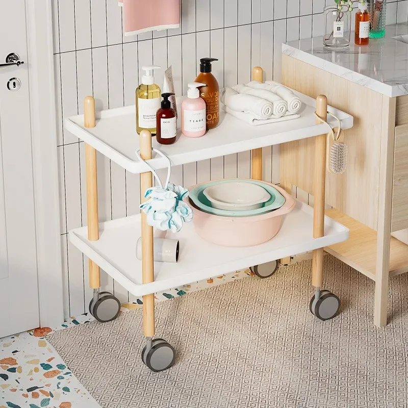 Mobile Trolley With Rollers Living Room 2 Layers Mobile Storage Rack Trolleys Multifunction Kitchen Solid Wood Cart