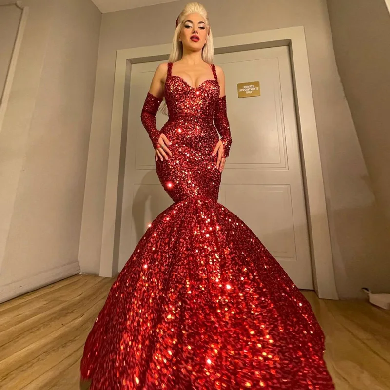 

Red Sequins Woman Clothing Long Sleeve Evening Dresses With Train Luxury Trumpet Long Dress For Wedding Elegant Mermaid Dress