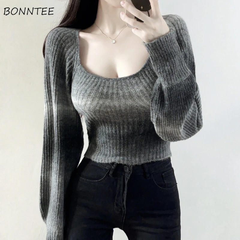 Gradient Patchwork Tie Dye Pullovers Women Knitted Sweaters Korean Style Tender Vintage Elegant Autumn Winter Female All-match