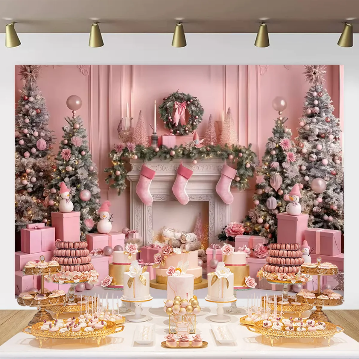 Pink Christmas theme background fireplace gift Christmas tree children family gathering portrait photography background Studio