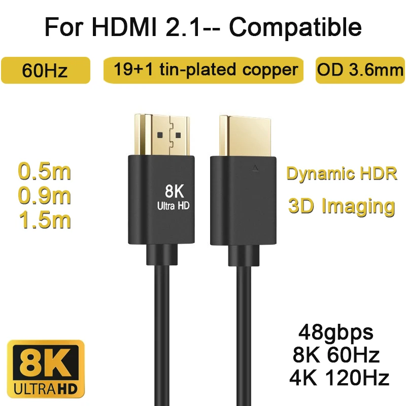 8K HDMI-Compatibility Cable 48Gbps HDTV 2.1 Ultra Thin OD 3.6mm 19+1 Cord for PS5 Xbox One NS GH5S 8KUHD TV Camera For HDMI 2.1