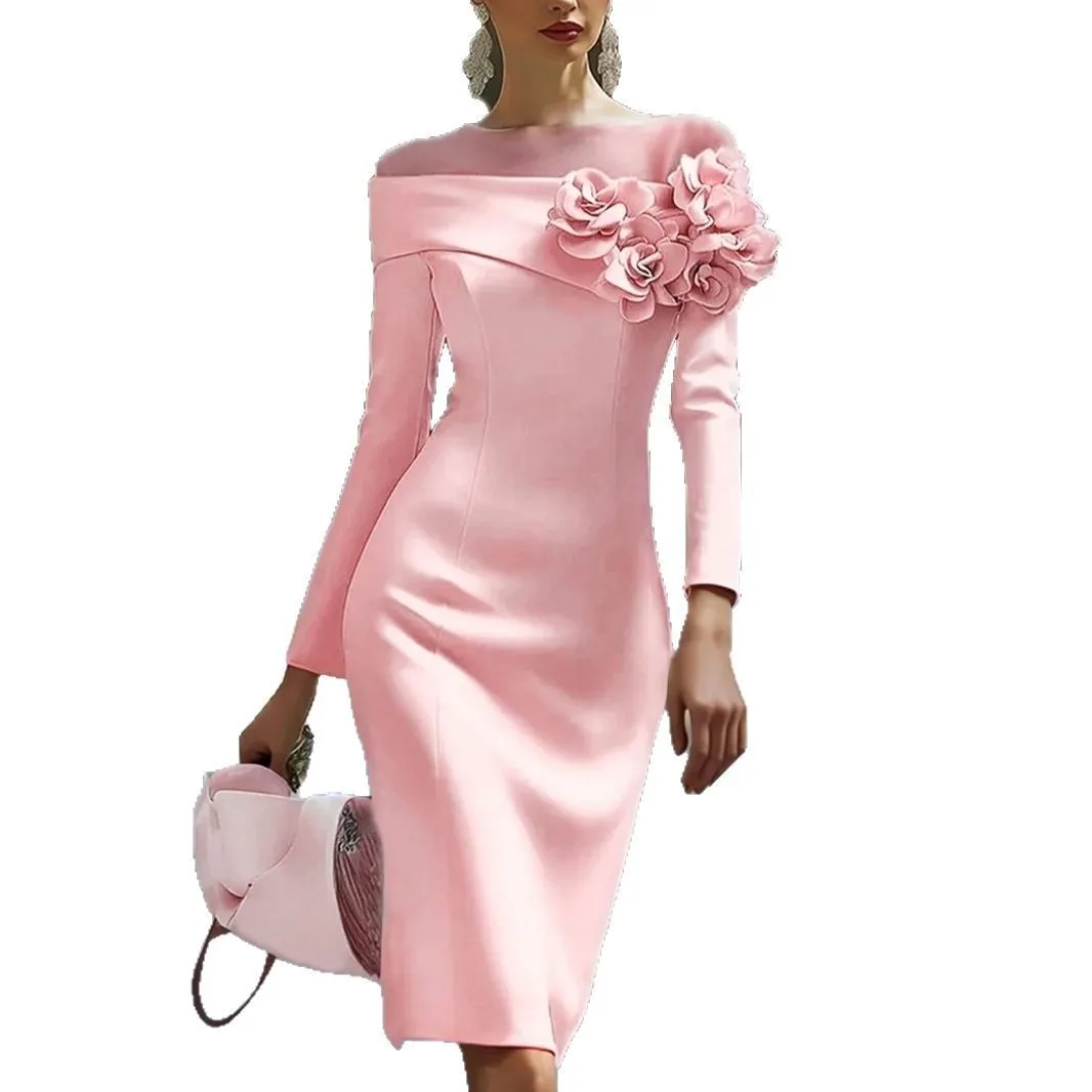 V Neck Side Floral Decoration Gown Bodycon with Long Sleeve Asymmetrical Seam Summer Slim Fit Dress Summer Mid Waist for Women