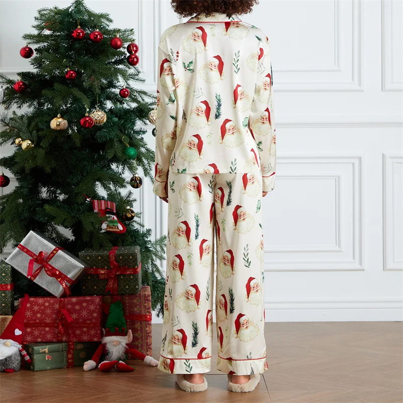 Cute Print Christmas Pajamas Set for Women 2 Piece Slik Satin Santa Matching Set Long Sleeve Shirt Pants Pj Sets Loungewear