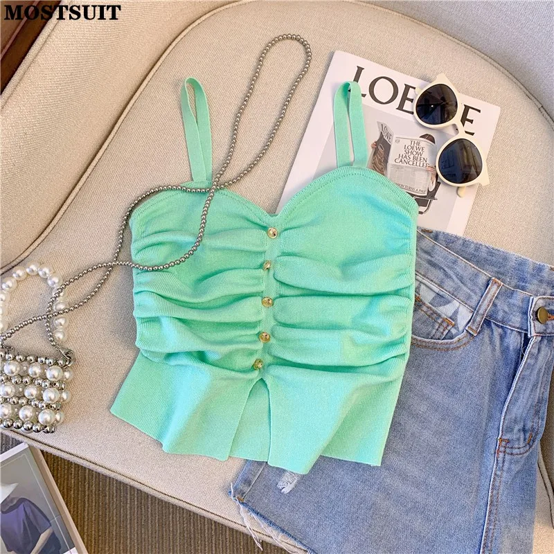 2023 Summer Stylish Solid Slim Knit Vests Women\'s Sexy Crop Tops Sleeveless Streetwear Fashion Ladies Knitwear Jumpers Camisole