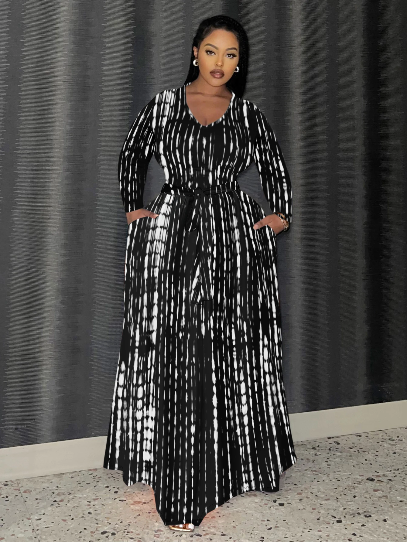 

LW Plus Size dresses Dot Print Belt Design A Line Dress long sleeve V neck Elegant Evening party dress vestido For Autumn winter