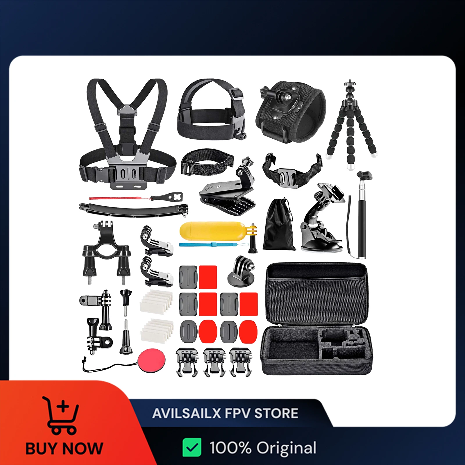 مجموعة مغامرات Pro 50 في 1 لـ GoPro 13/12/11، DJI Action 5/4، Insta360 Ace - 360 °   حاملات الدراجة/الخوذة/الصدر وحقيبة مقاومة للماء