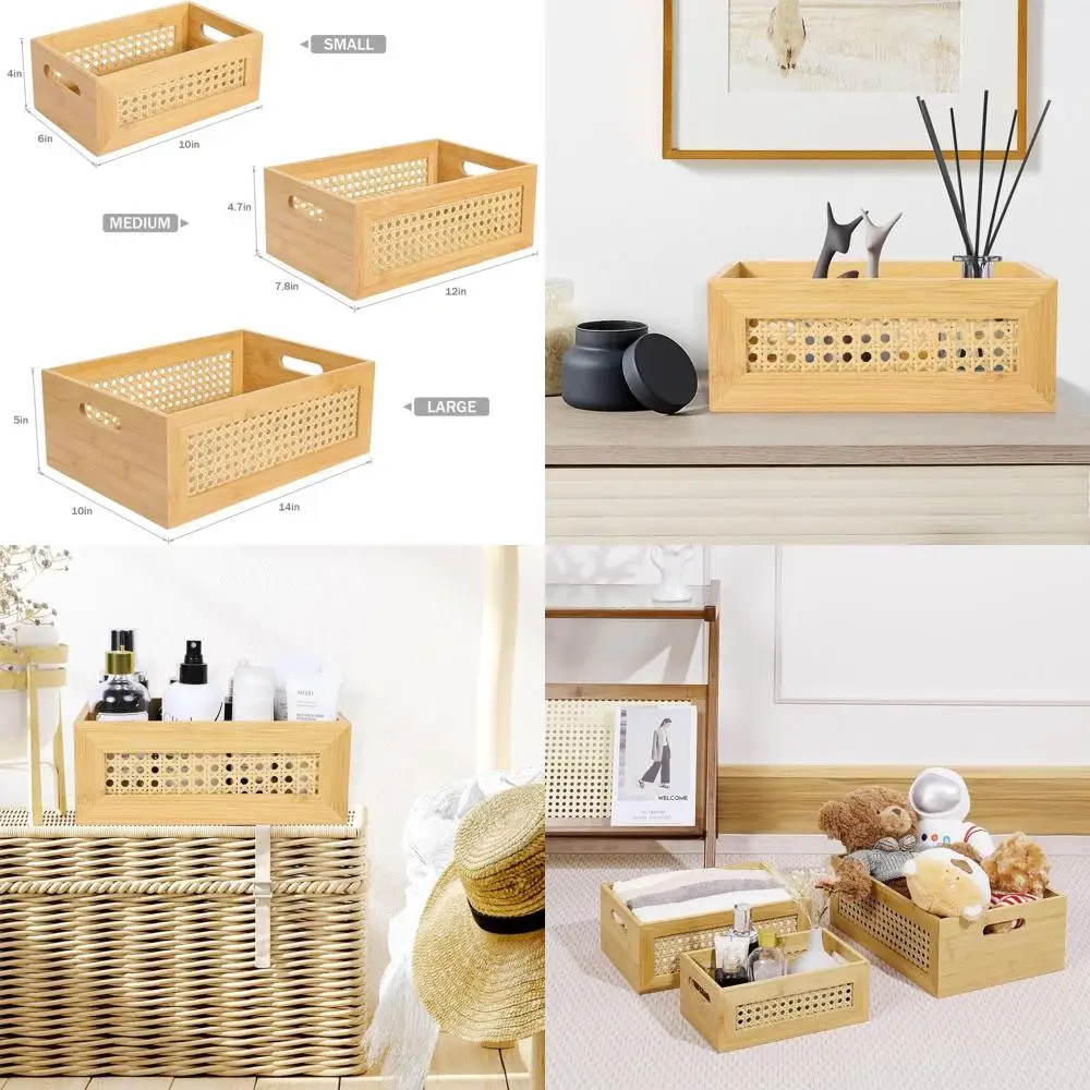 

Set of 3 Natural Bamboo Storage Baskets with Handles for Home & Office, Decorative Wicker Baskets for Drawer Shelf Organization