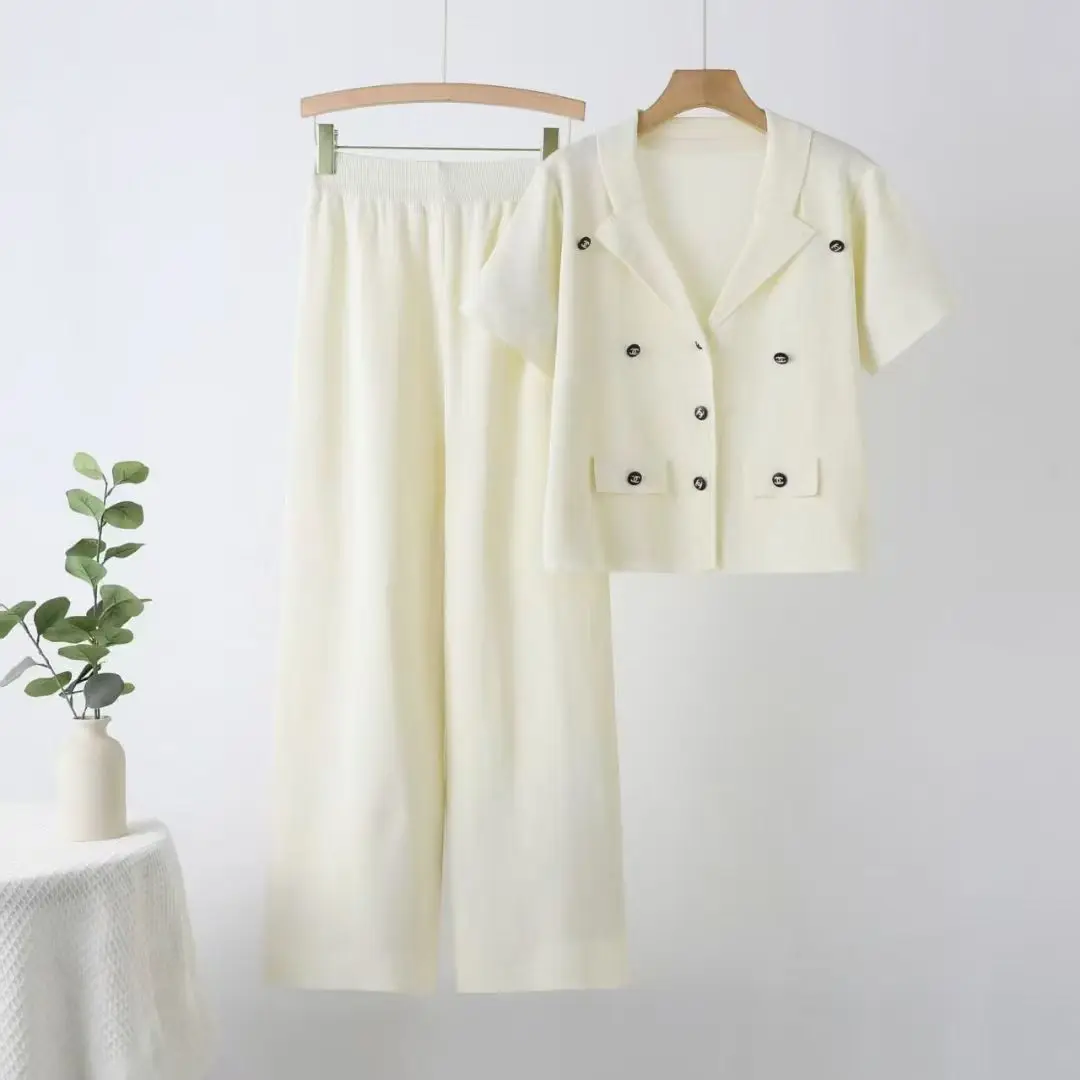 Setelan Santai Atasan Lengan Pendek Rajutan Kerah V Baru Musim Semi dan Musim Panas Wanita, Celana Kaki Lebar Pinggang Tinggi Set Dua Potong