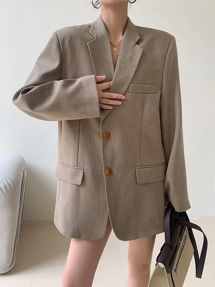 [LANMREM] Office Lady Loose Blazers For Women Single Breasted Khaki Temperament Jackets Fashion 2024 Autumn New Coat CP3087