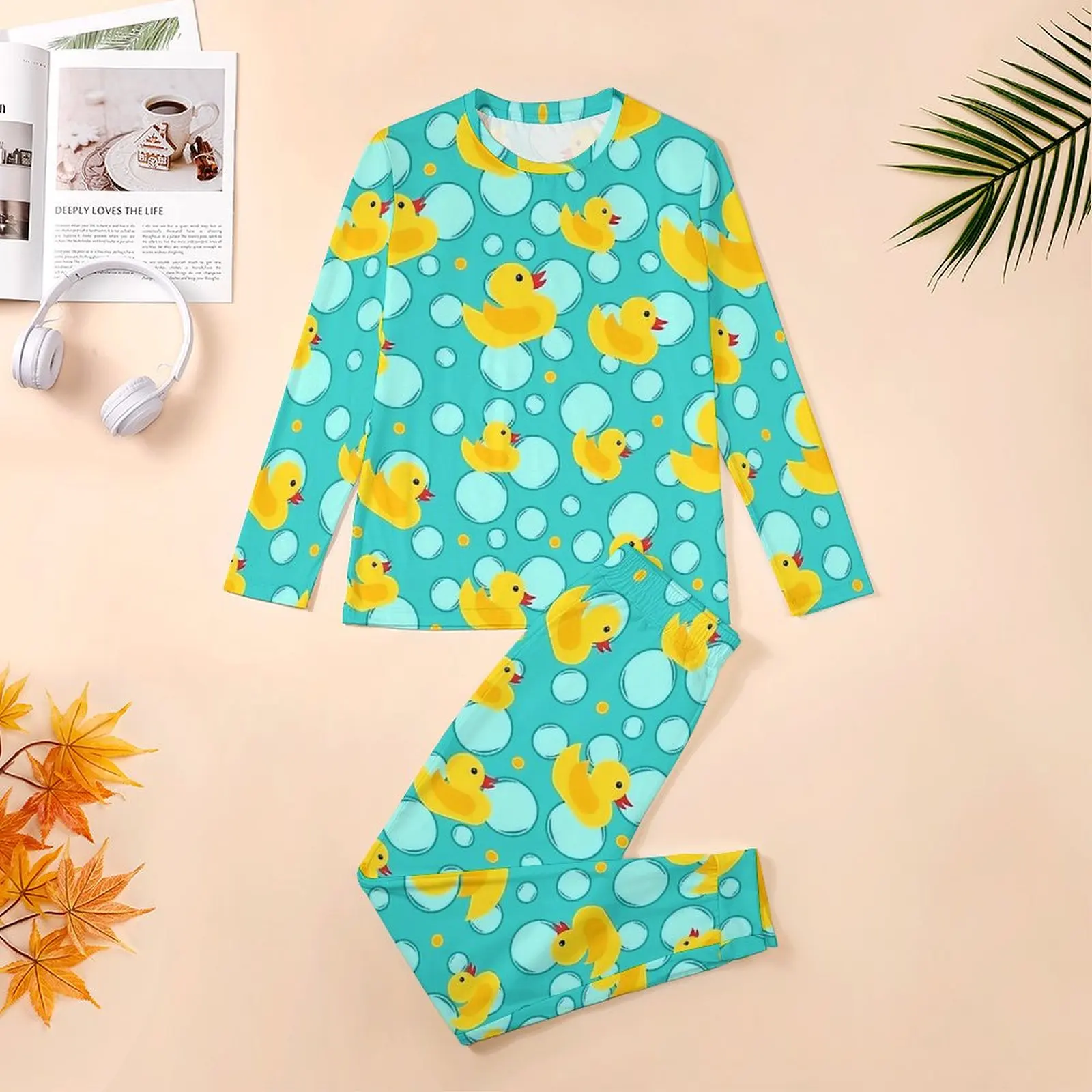 Cute Blue Yellow Rubber Ducks Pajamas  Mens Long Sleeve Cute Pajamas Set 2 Pieces Casual Autumn Graphic Sleepwear Birthday Gift