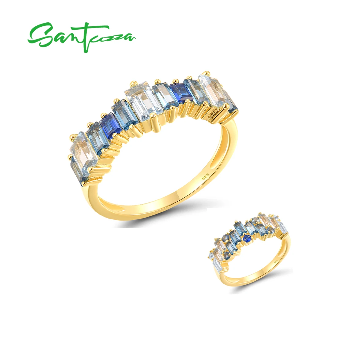 SANTUZZA Pure 925 Sterling Silver Rings For Women Sparkling Blue Spinel White CZ Elegant Tapper Wedding Engagement Fine Jewelry