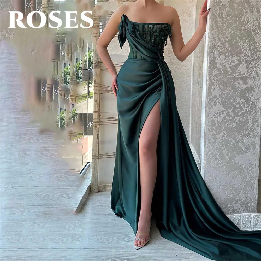 

ROSES Green Evening Dress Strapless Trumpet Party Dress with Pleat Satin Vestido De Novia Sexy Sleeveless High Slit Prom Dresses