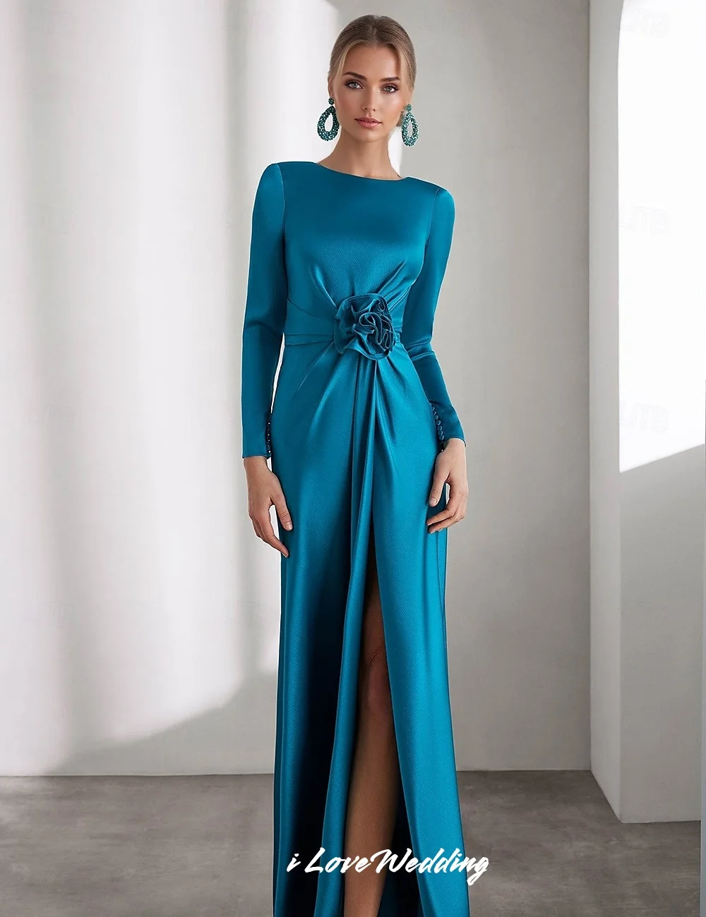 

Lake Blue O-Neck Evening Dress 2025 Satin Long Sleeve Mermaid Flower Button Side Split Sweep Train Floor-Length Pleat Customized