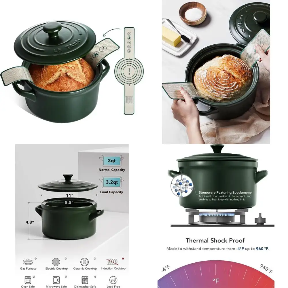 

Керамическая жаровня (голландская печь) объемом 3 кварты для выпечки хлеба с силиконовым держателем – легкая, нетоксичная, не требует специальной подготовки – для духовки, микроволновой печи и посудомоечной машины