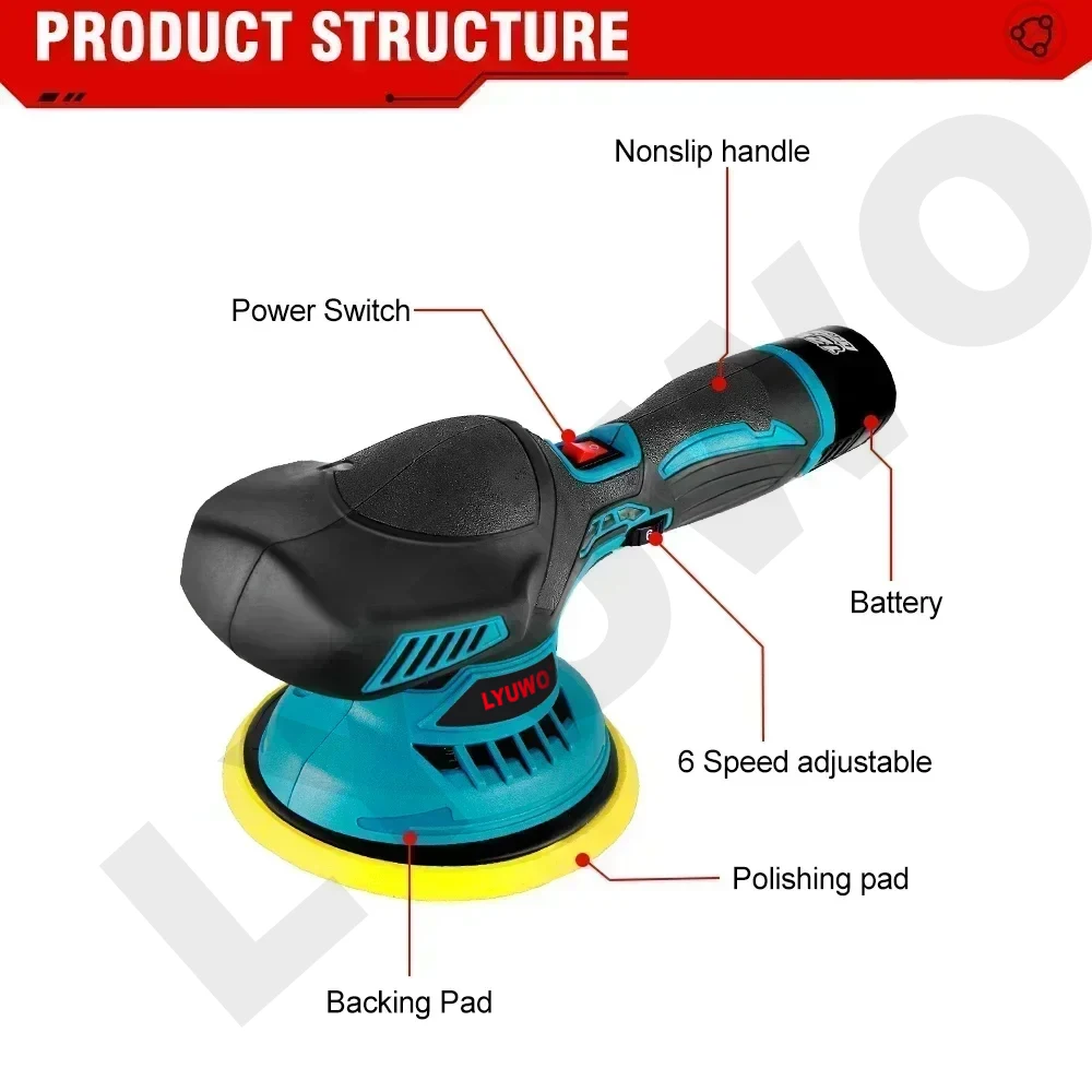 LYUWO 5000RPM Cordless Polishing Machine 6-speed Speed Regulation 12V Charging Electric Vehicle Polishing Machine Electric Tool