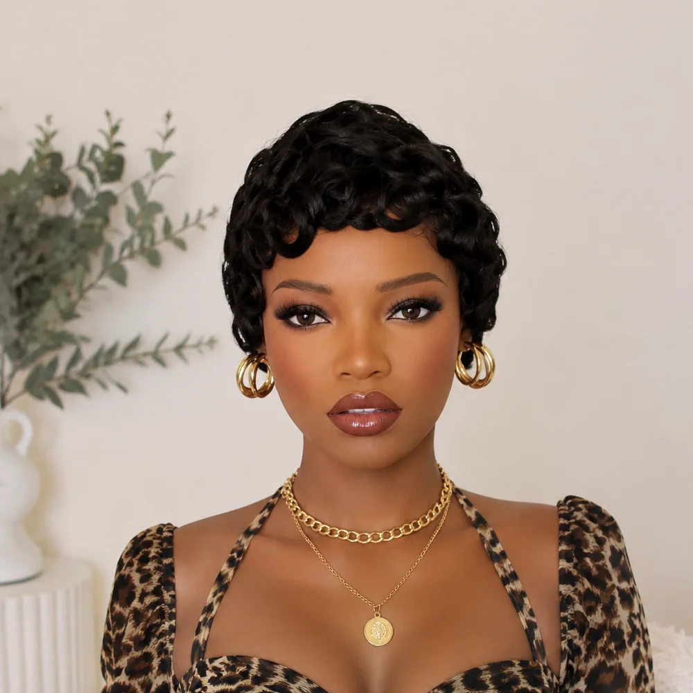 Vintage Finger Wave Short Wigs Human Hair With Curly Bangs Black Machine Made Retro Wig for Black Women Ready To Wear