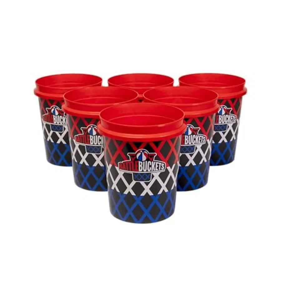 Outdoor lawn game with 12 durable plastic buckets, 2 inflatable balls, carrying bag, and air pump ideal for backyard, beach, an
