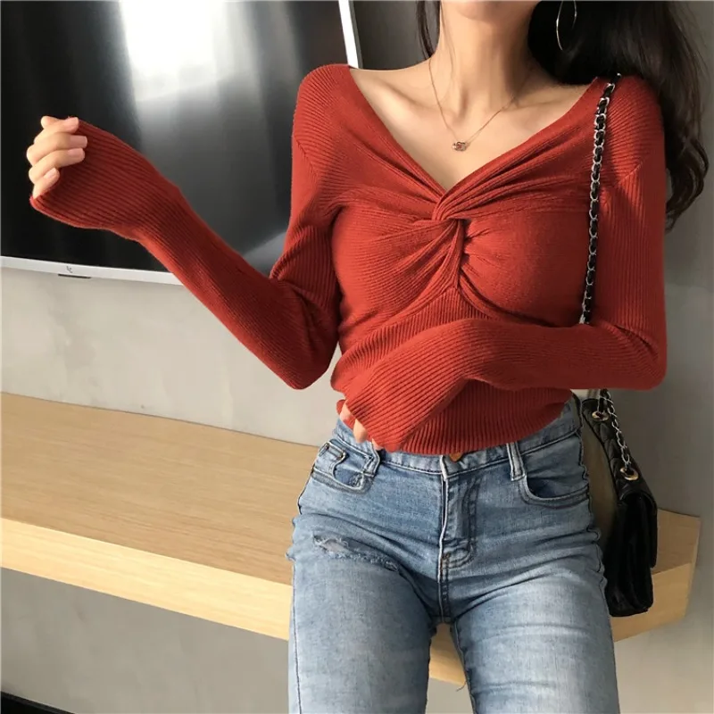 Camicia skinny lavorata a maglia autunno inverno maglione pullover da donna top donna manica lunga elastica scollo a V maglioni slim camicie in maglia
