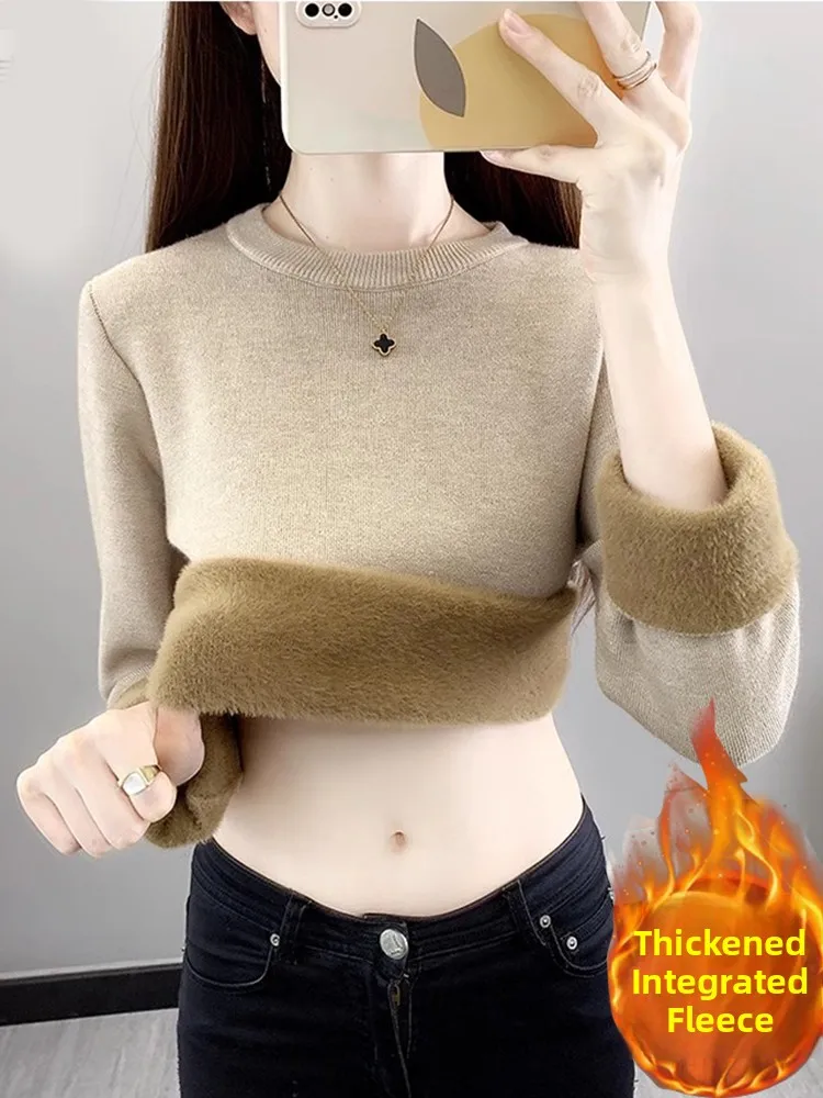 

Women's Fleece Lined Thickened round Neck Integrated Fleece Sweater Autumn Winter Knitted Wear Slim Fit Warm Base Layer Shirt