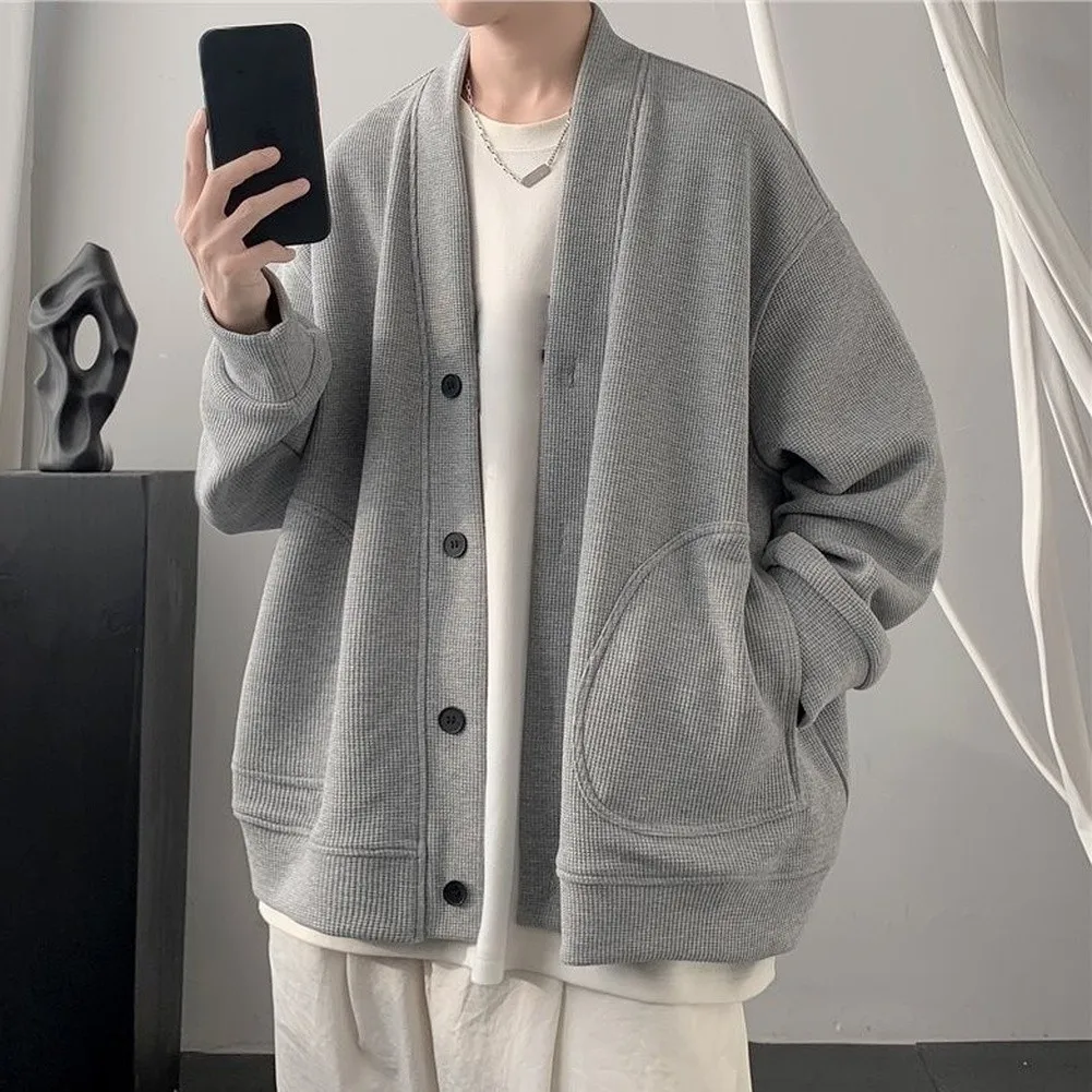 Lightweight Outerwear For Men Men Jackets Men Waffle Coat Soft Waffle Texture V-neck Design Regular Clothing Length