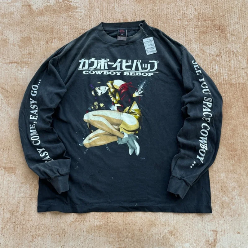 

Высококачественные черные футболки Saint Michael с принтами персонажей аниме для мужчин и женщин, повседневные футболки с длинными рукавами в стиле ретро