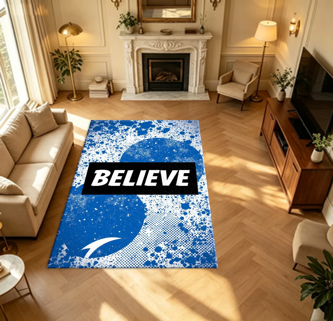 Graffiti Pop Art Believe Letter Print Carpet Flooring Blue Ink Splash Modern Street Art Household Indoor Area Rug