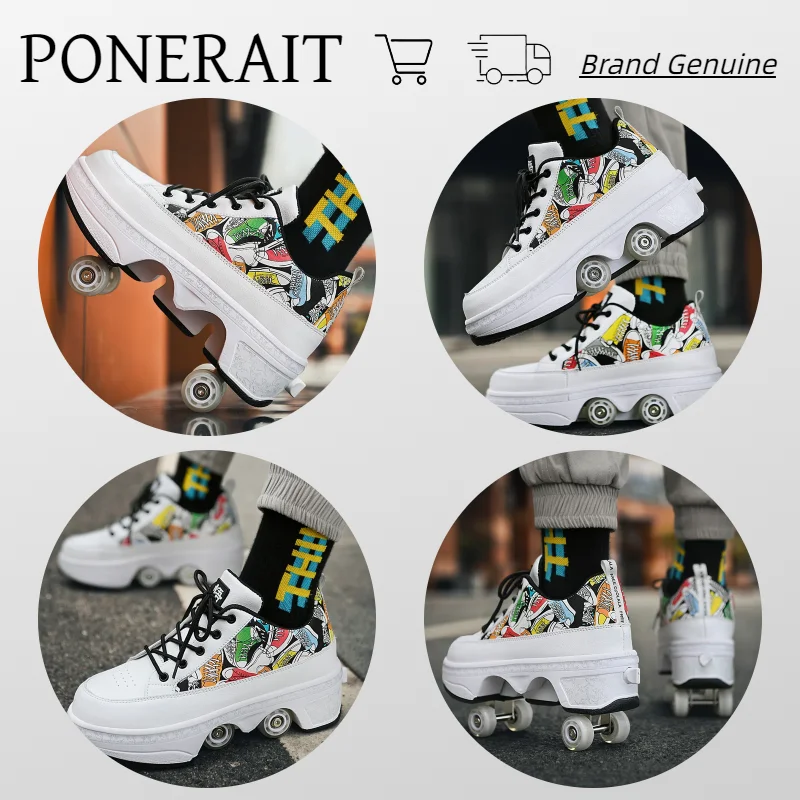 PONERAIT Double-Row Deformation Shoe One Click Folding Four wheels Roller Skate Shoe Outdoor Casual Fashion Children Sneaker