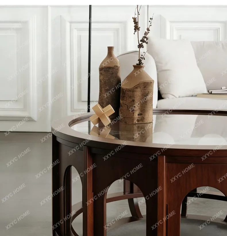 New Chinese Style North  Black Walnut Creative Coffee Table Round Glass Modern Simple Tea Table