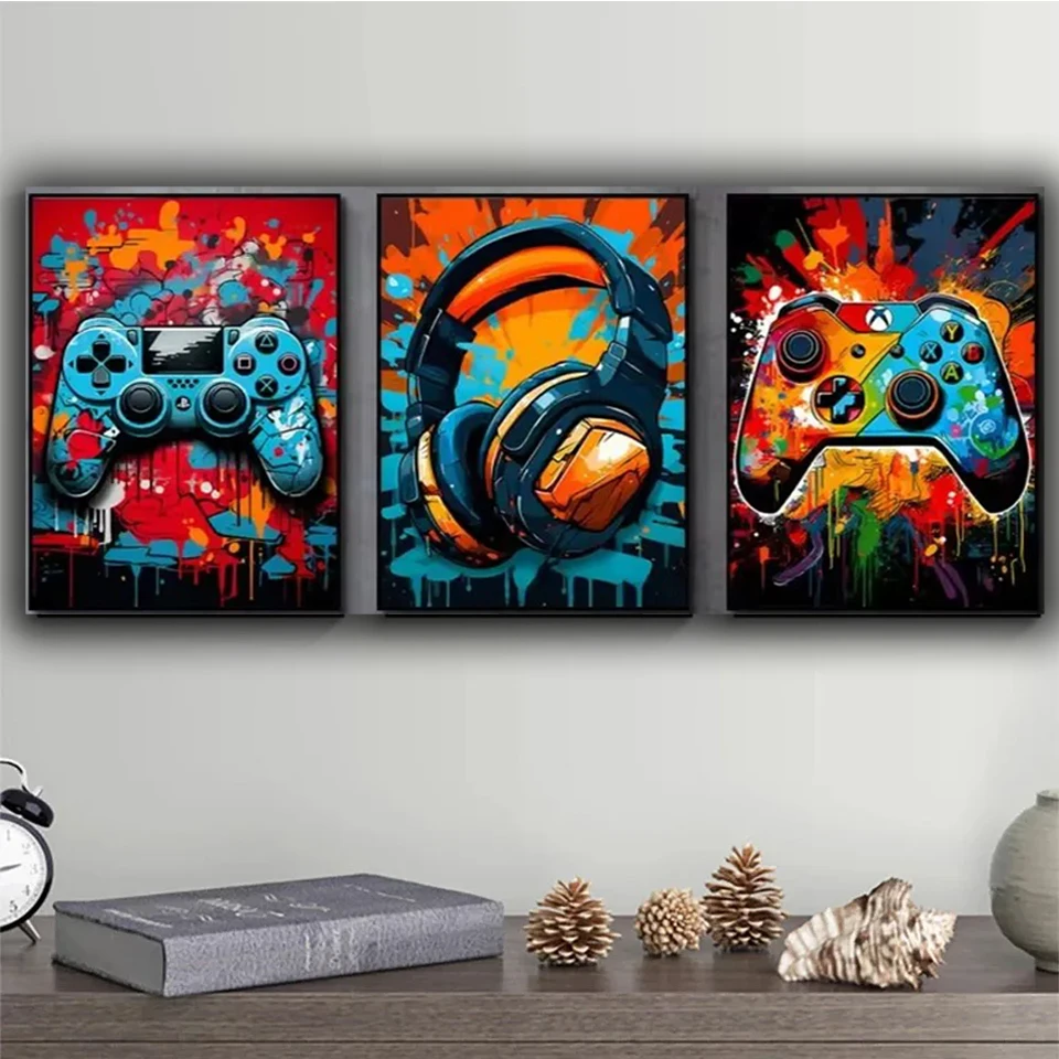 5d Gaming Graffiti Gamepad Earphone Diamond Painting 3pcs/set,Full Diamond Mosaic Gamer Room Wall Decor Modern Funny Wall Art