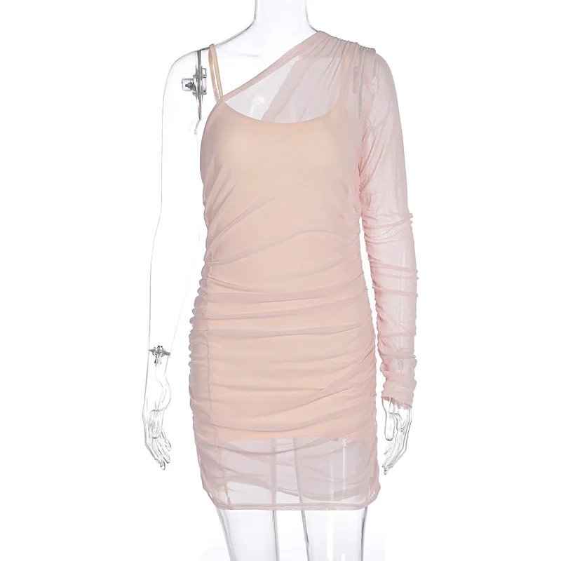 YUZHEXI เส้นทแยงมุมคอหนึ่งแขนตาข่ายชุดสลิงซับผู้หญิงเซ็กซี่สีผิวจีบมินิเดรสรัดรูป