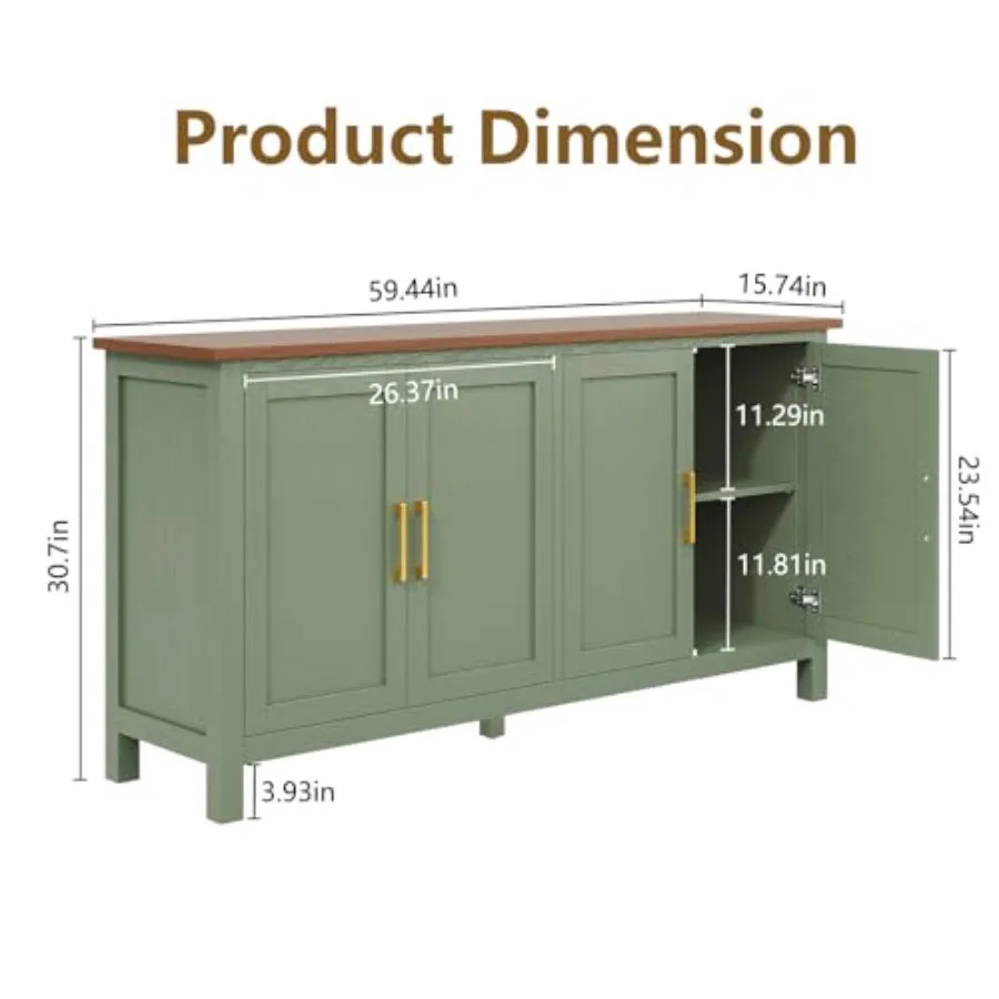 60 Sideboard Buffet Cabinet with Storage, Credenza for Dining Room, Solid Wood, Natural Oak Finish, Ample Concealed Storage Spa