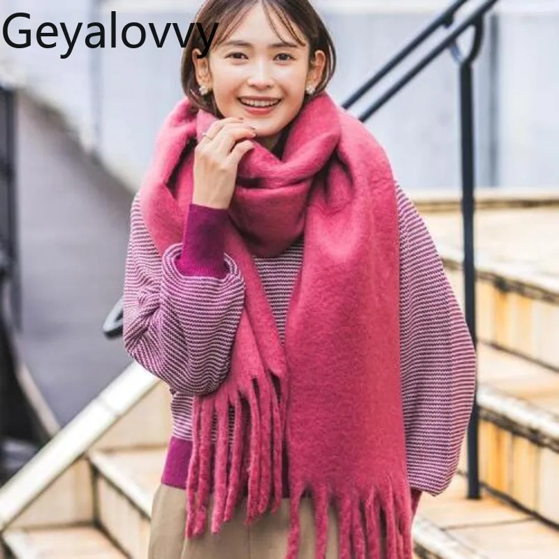

Шарф для женщин, зимний шарф из искусственного мохера, универсальный корейский стиль, теплая утолщенная шаль с кисточками, однотонный утеплитель для шеи для девочек