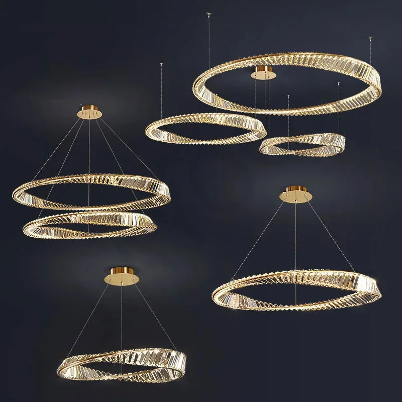 Modern Luxury Living Room Led Dimmable Chandelier Plated Steel Gold Irregular Ring Pendant Lights K9 Crystals Led Hanging Lamp