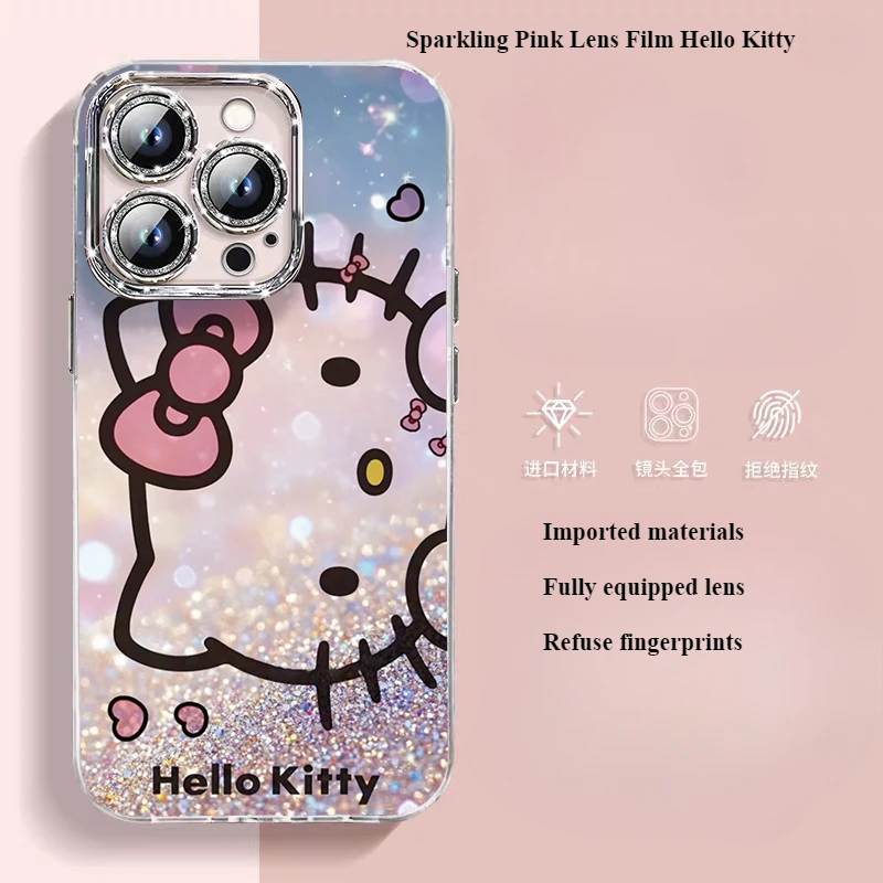 Sanrio Anime Ins Sparkling Pink Cute Hello Kitty Chiikawa IPhone 16pro Max Phone Case Comes with Lens Film Fall Protection Case