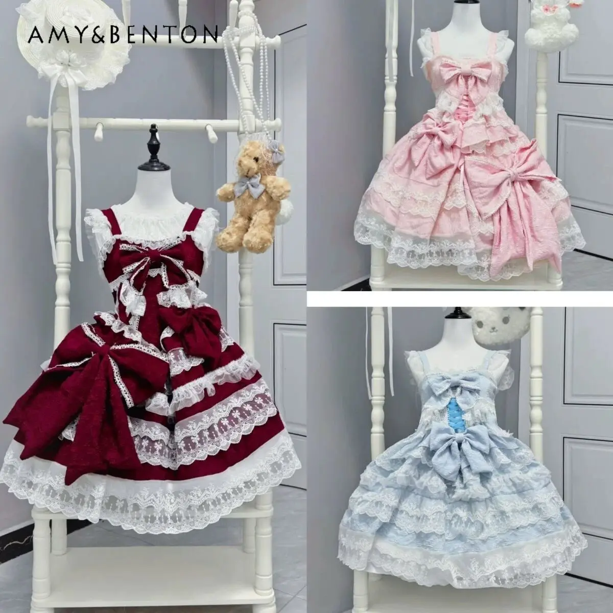

Lolita Style Gorgeous Heavy Industry Jsk Suspender Skirt Sweet Cute Bow Lace Splicing High Waist Slim Multi-layer Tutu Dresses