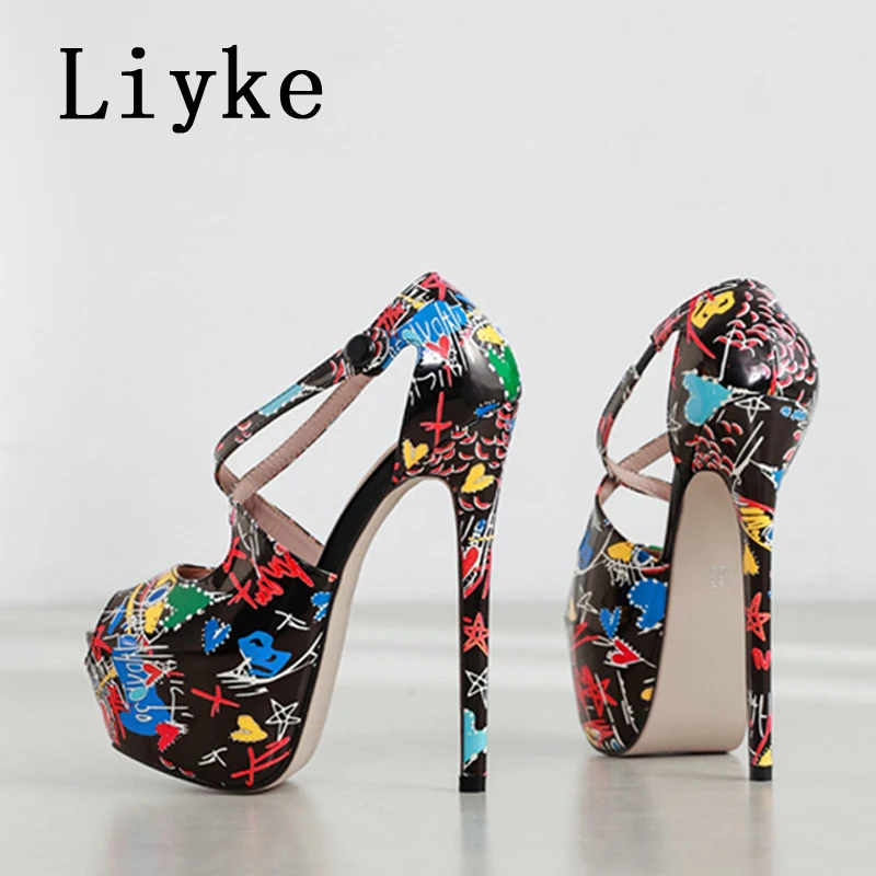 Liyke Sexy Peep Toe Super High Heels For Ladies Chic Buckle Strap Fashion Hand-Painted Leather Platform Shoes Women Pumps Sandal