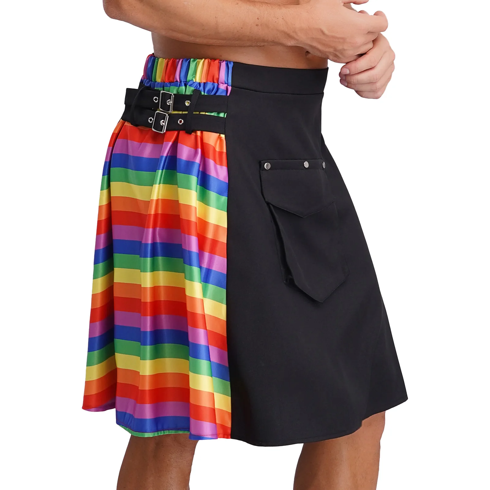 

Men Utility Kilt Skirt Rainbow Stripes A Flap Pocket Scottish Tartan Kilt Skirt for Traditional Festivals Cosplay Raves Party