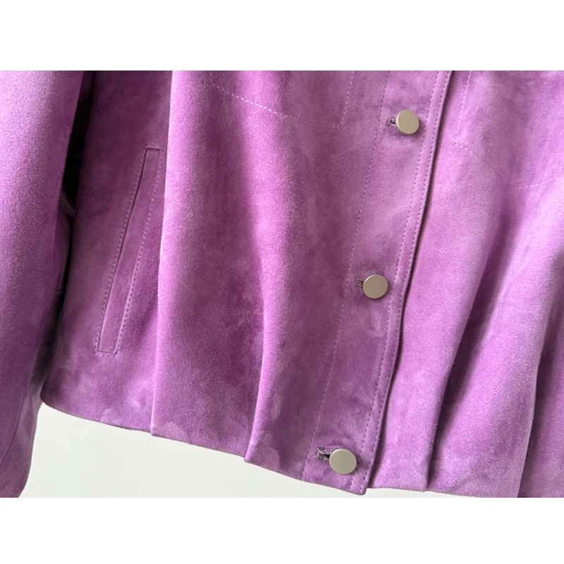 Giacca in vera pelle da donna in pelle di capra importata 2025 Autunno Viola Colletto corto con risvolto Cappotti casual in pelle scamosciata per bambini allentati femminili