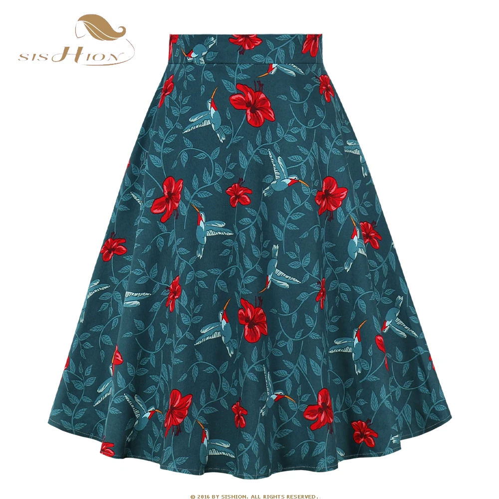 SISHION Blue Floral Birds Print 50s 60s Retro Vintage Skirt VD0020 2026 Y2K Summer A Line Cotton Midi Skirts Women
