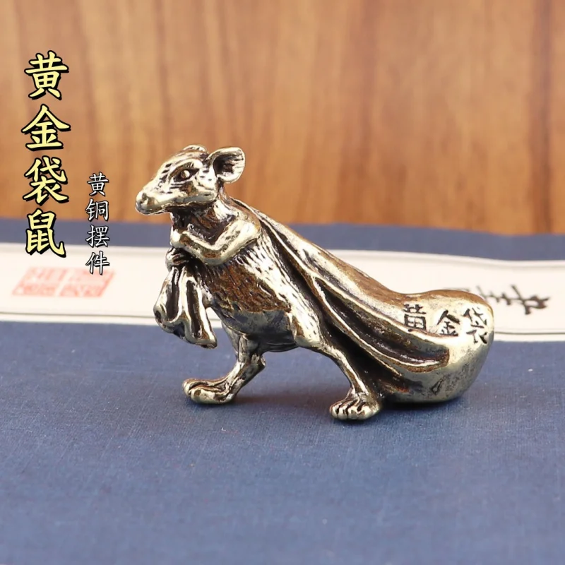 

Solid Brass Kangaroo Retro Old Mouse Back Gold Bag Craft Tea Pet Home Decoration Desktop Small Ornament