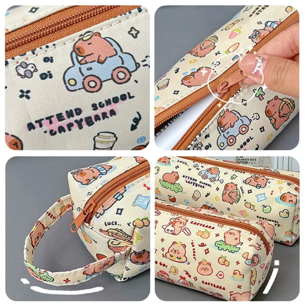 Cute Cartoon Pattern Capybara Pencil Bag Canvas Large Capacity Stationery Bag with Handles Pen Box