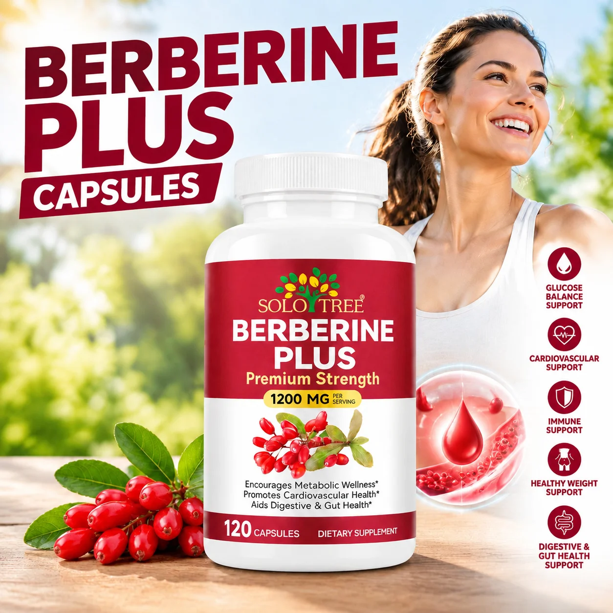 Berberine 1200mg with Royal Jelly for Metabolic & Heart Health - Vegan Gluten-Free Capsules - 120 Capsules SOLYTREE
