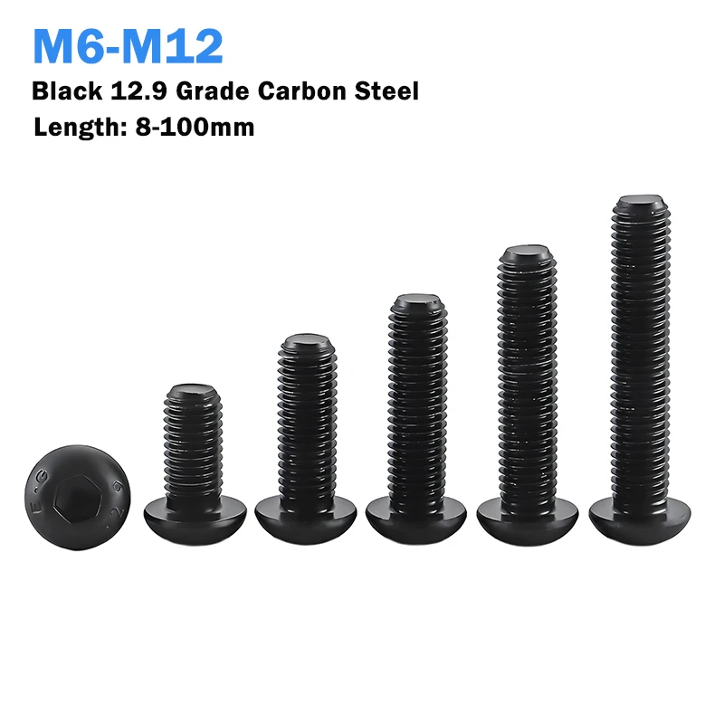 1-5PCS M6 M8 M10 M12 Hex Socket Screw Button Head Allen Bolt Screws Black 12.9 Grade Carbon Steel Allen Round Screw Bolts