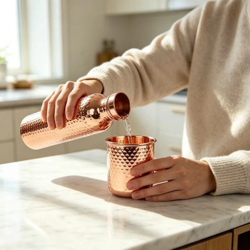 800ML Hammered Copper Tone Water Bottle Set U‑Shape Handle With Hammered Mug Outdoor Travel Drinkware