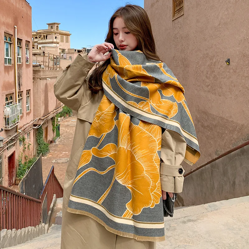 

Winter Cashmere Scarf Women Echarpe Thick Shawls Wraps Female Warm Pashmina Poncho Design Print Bufanda Stoles Blanket 2023