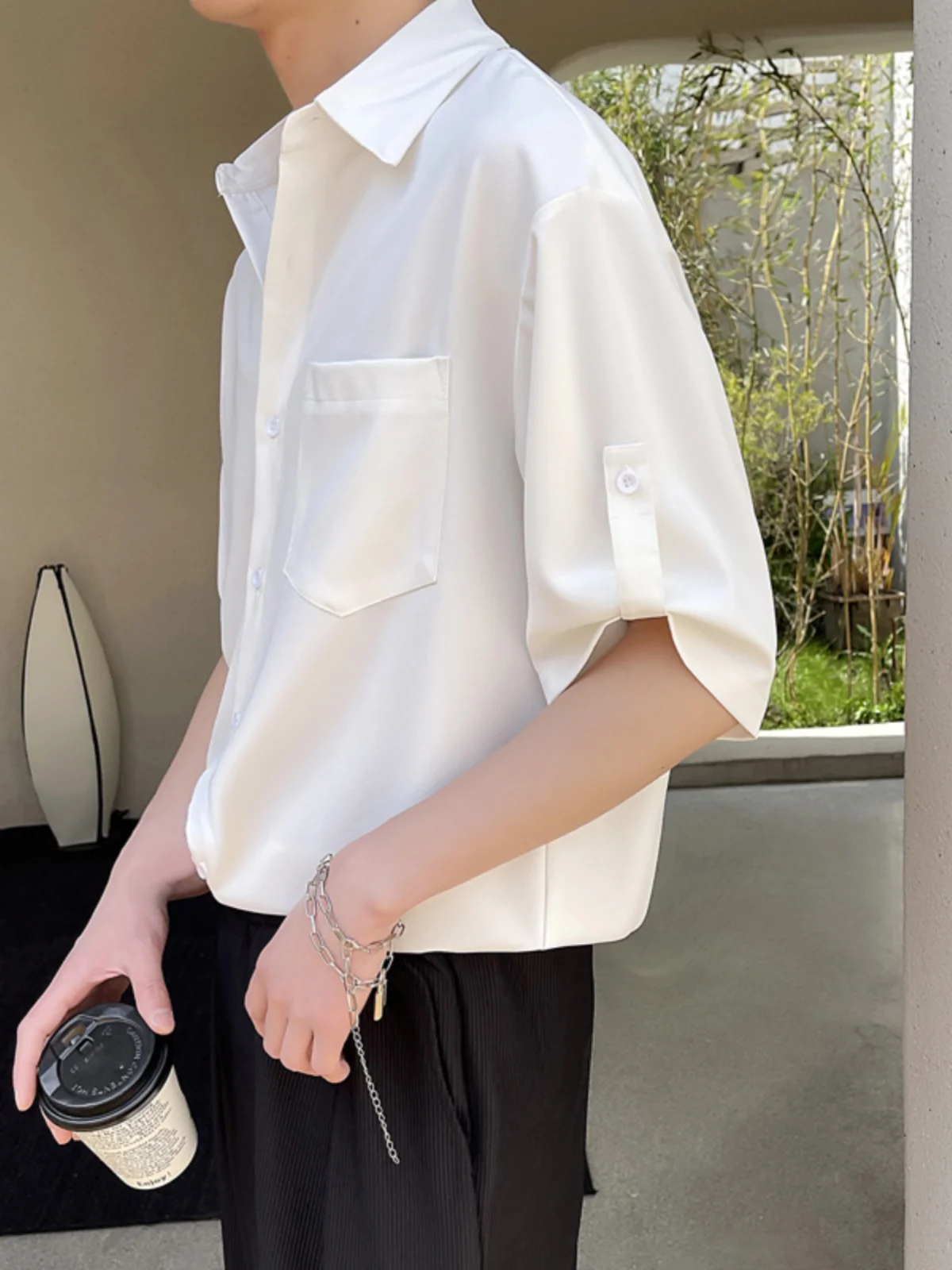 

Commute Men's White irt Summer Drapey ort Sve Trendy Mature Sle Haome Lightweight Seven-Quarter Sve Top