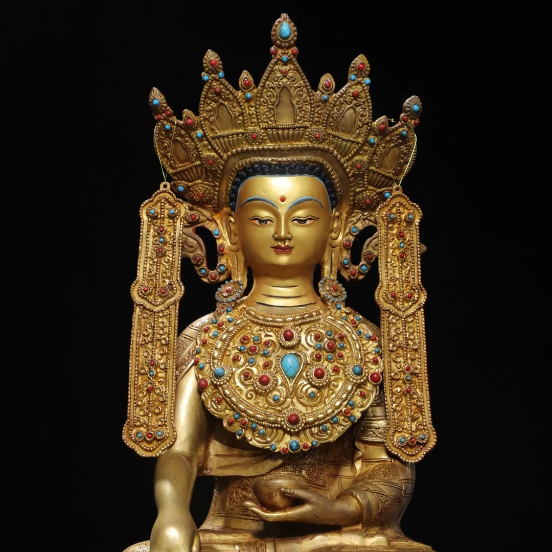 Tibetan Brass Gilt Painting Face Antique Gem Awakening Buddha Statue Home Hall Devotion Supplies Ornament 51cm