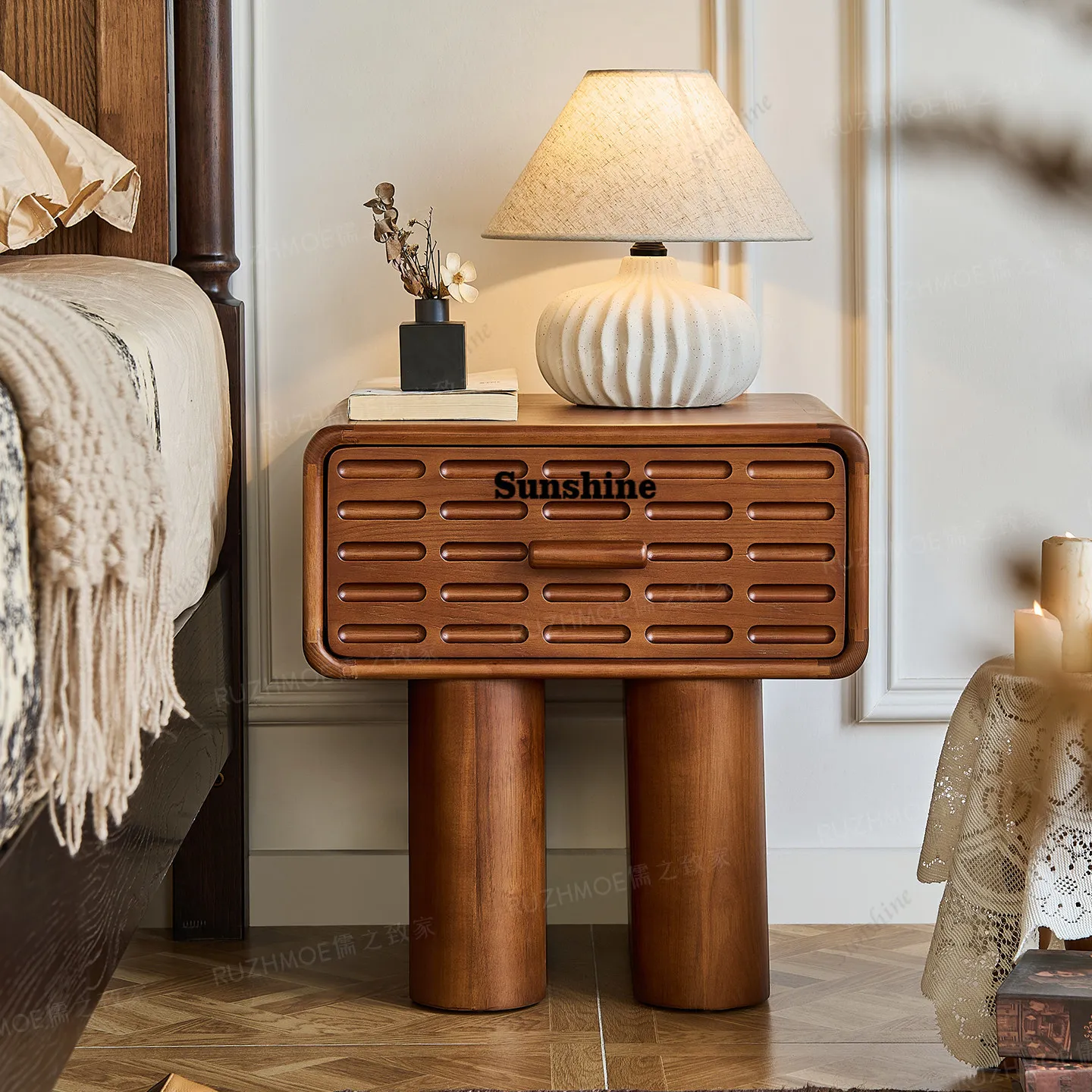 Solid wood bed side storage locker small retro, side cabinet with drawers